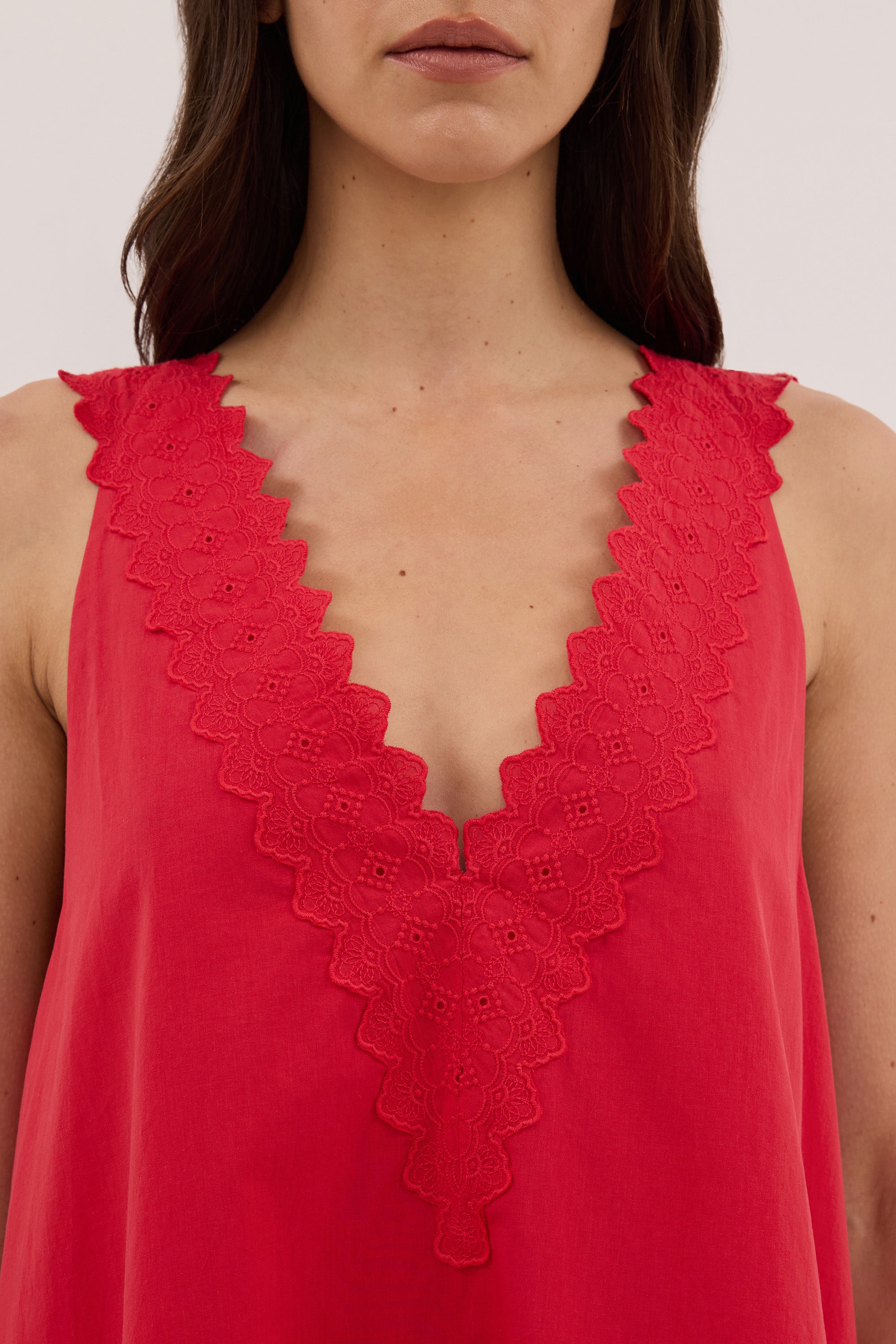 ANNABEL RED SLEEVELESS V NECK MINI DRESS