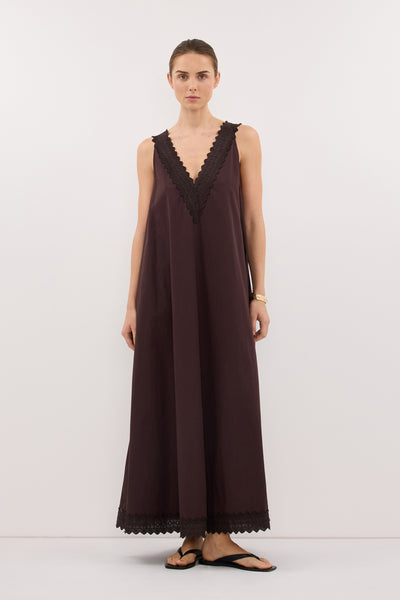 Stas wearing ANNABEL BURNT CHOC SLEEVELESS V NECK MIDI DRESS