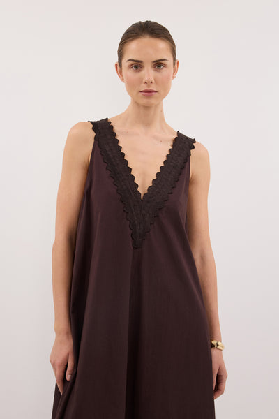 Stas wearing ANNABEL BURNT CHOC SLEEVELESS V NECK MIDI DRESS