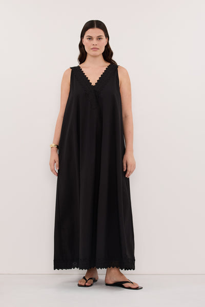 Jasmine wearing ANNABEL BLACK SLEEVELESS V NECK MIDI DRESS