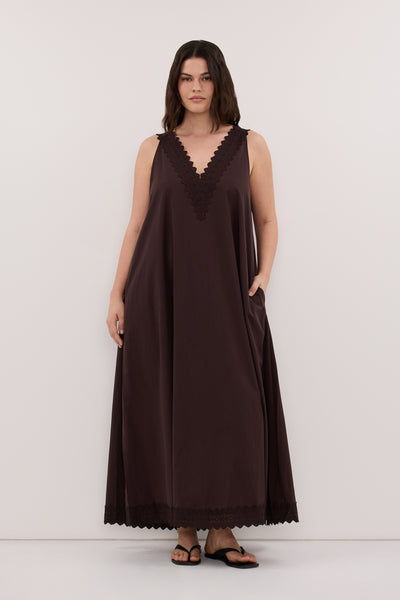 Jasmine wearing ANNABEL BURNT CHOC SLEEVELESS V NECK MIDI DRESS