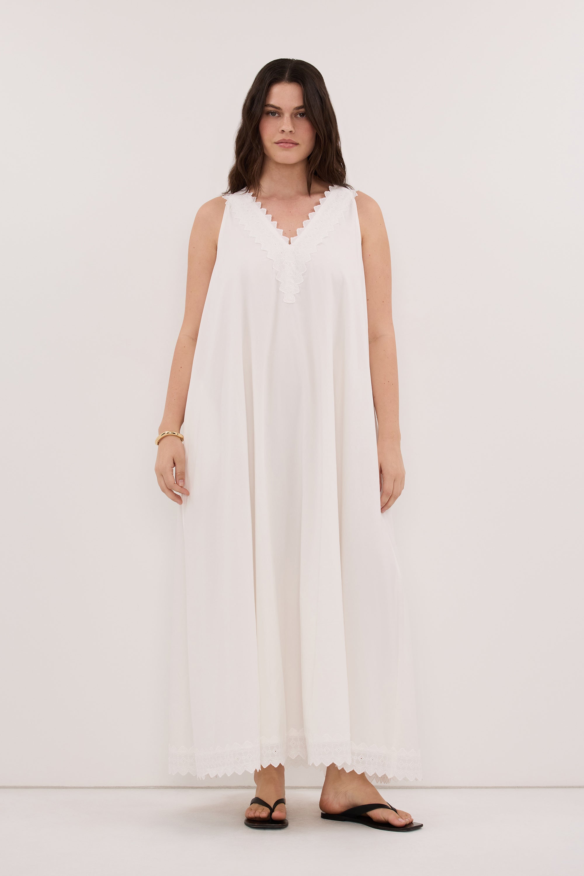 ANNABEL WHITE SLEEVELESS V NECK MIDI DRESS