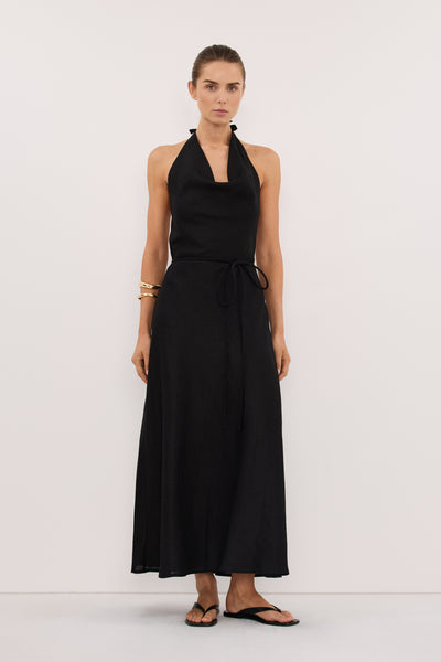 Haylee Sleeveless Linen Cowl Midi Dress in Black By DISSH