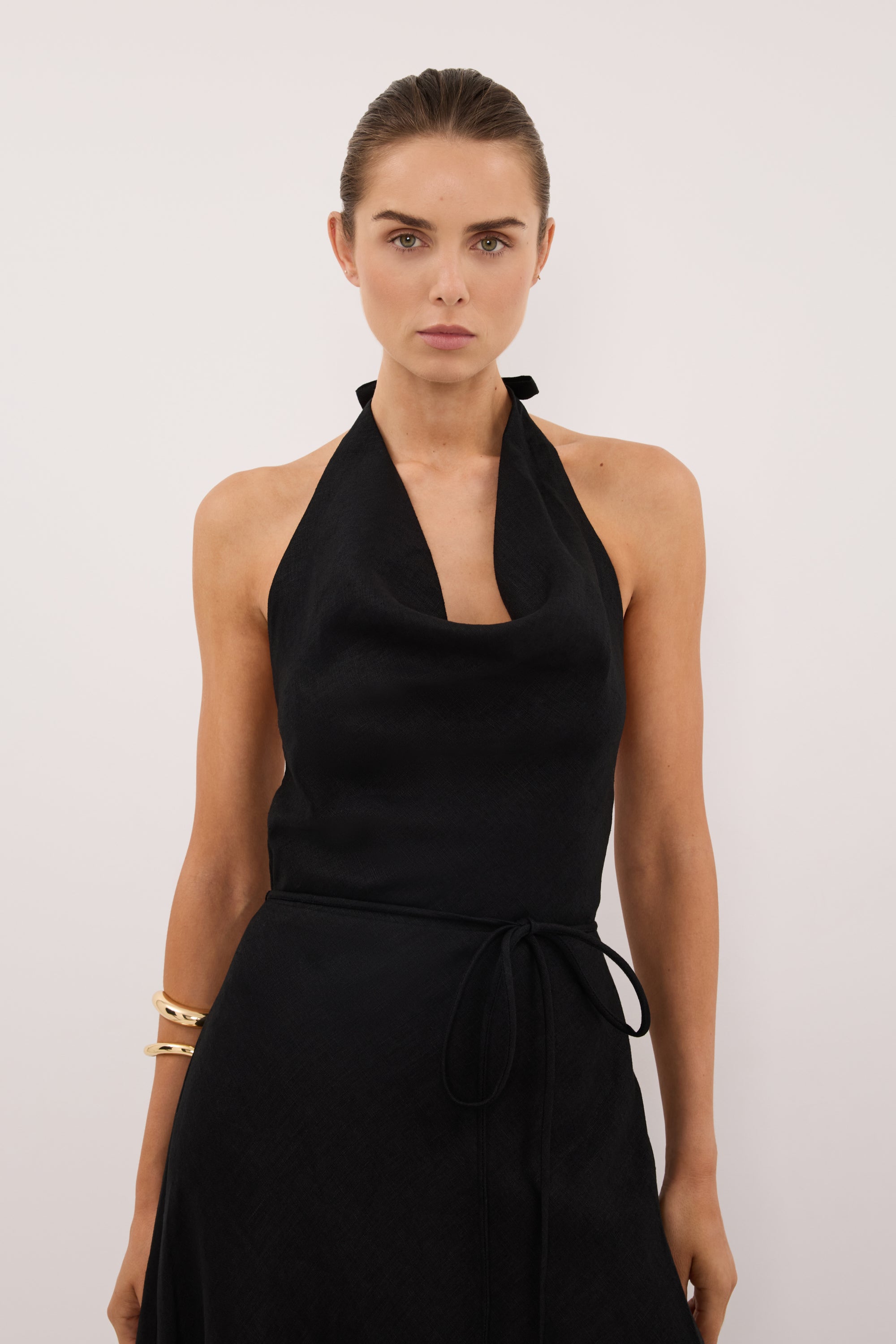 HAYLEE BLACK SLEEVELESS LINEN COWL MIDI DRESS