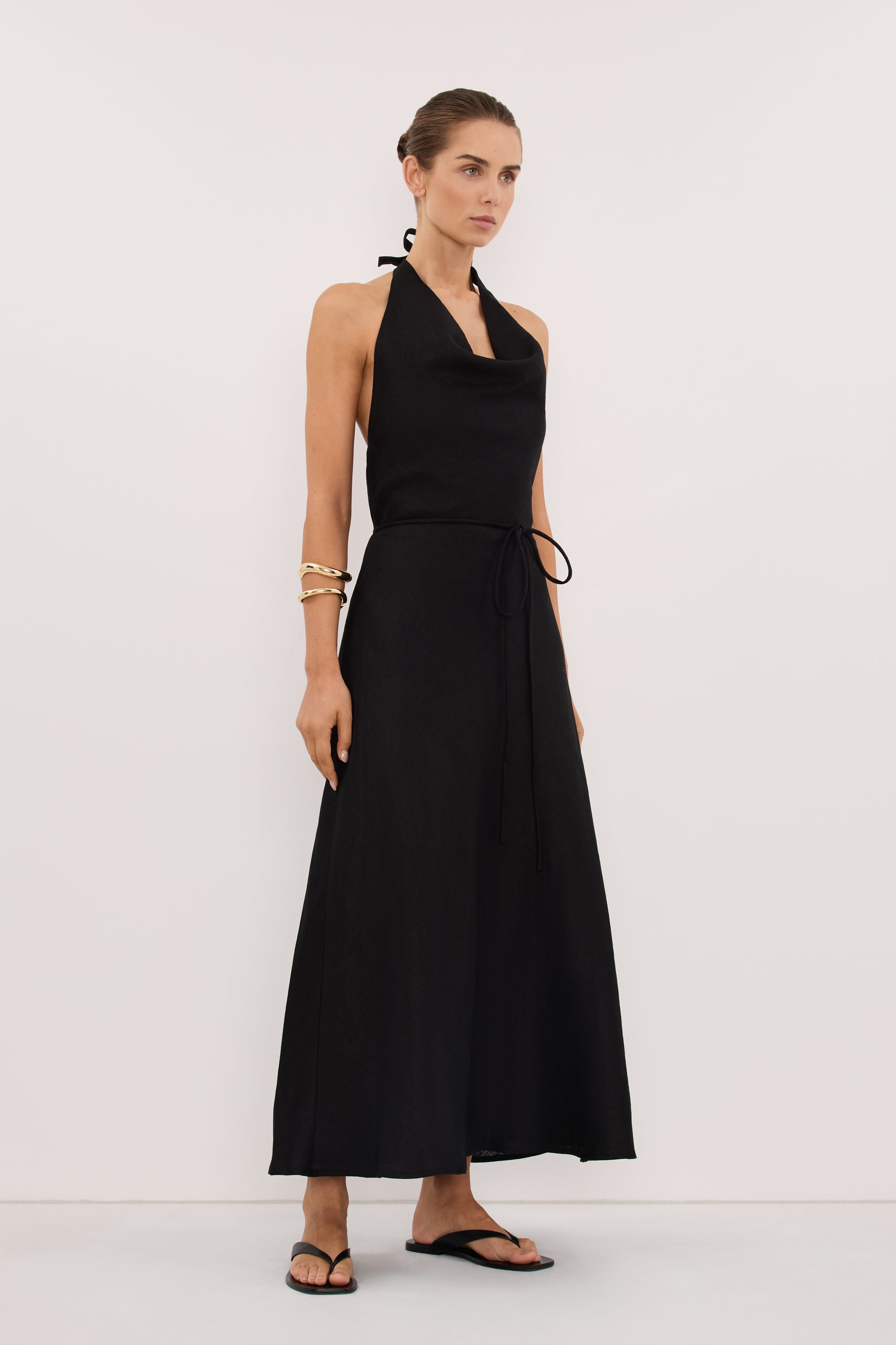 HAYLEE BLACK SLEEVELESS LINEN COWL MIDI DRESS