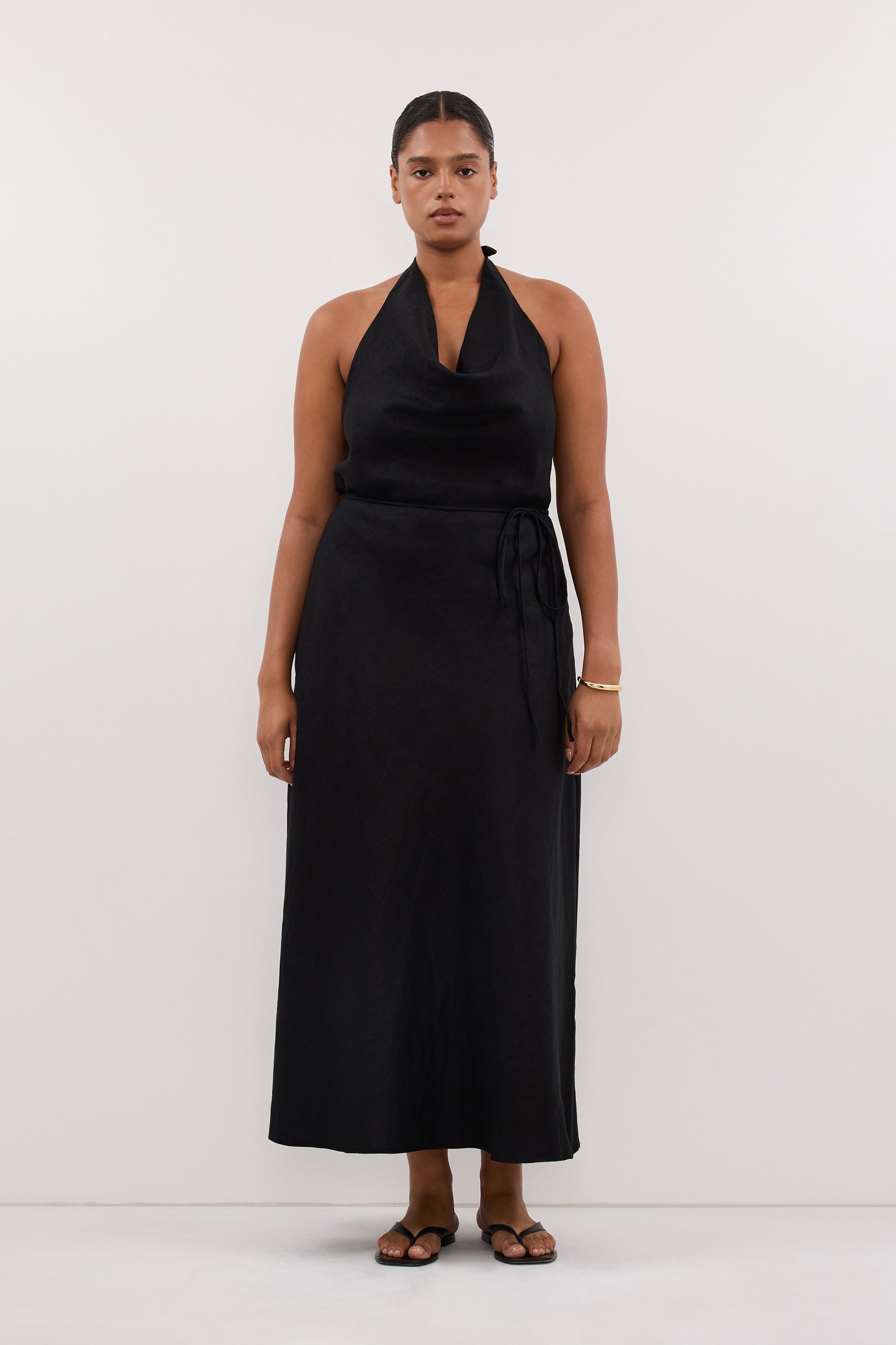 HAYLEE BLACK SLEEVELESS LINEN COWL MIDI DRESS