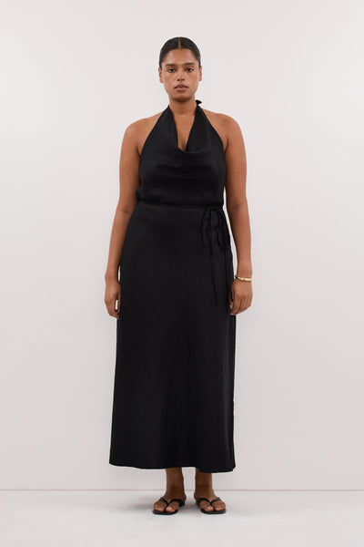 Amanda wearing HAYLEE BLACK SLEEVELESS LINEN COWL MIDI DRESS