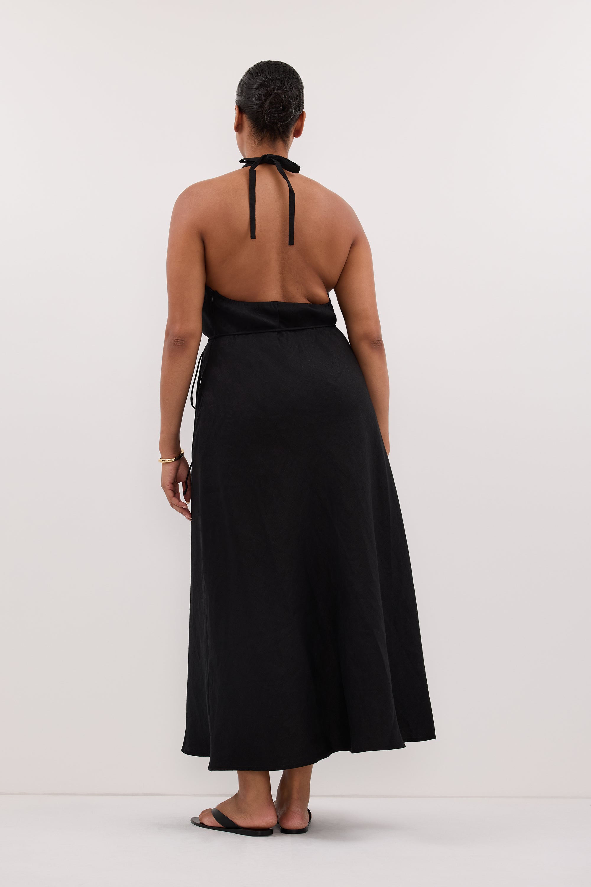 HAYLEE BLACK SLEEVELESS LINEN COWL MIDI DRESS