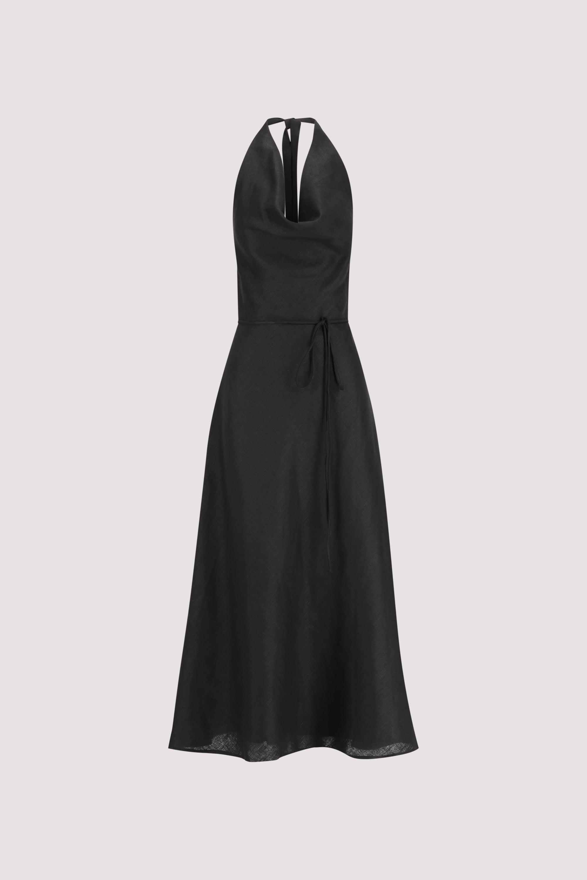 HAYLEE BLACK SLEEVELESS LINEN COWL MIDI DRESS