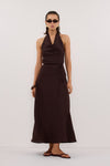 HAYLEE BURNT CHOC SLEEVELESS LINEN COWL DRESS
