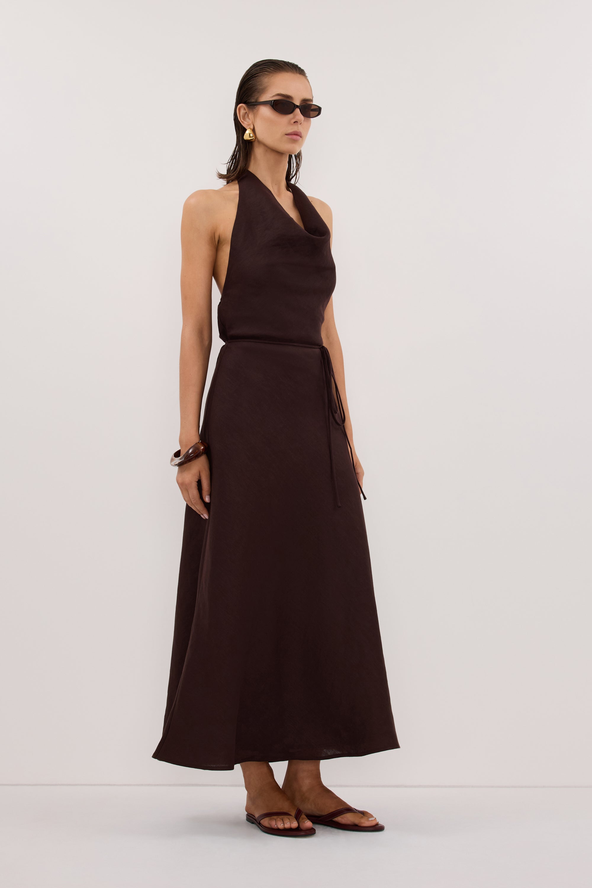 Haylee Sleeveless Linen Cowl Midi Dress in Burnt Choc By DISSH Haylee Sleeveless Linen Cowl Midi Dress in Burnt Choc By DISSH