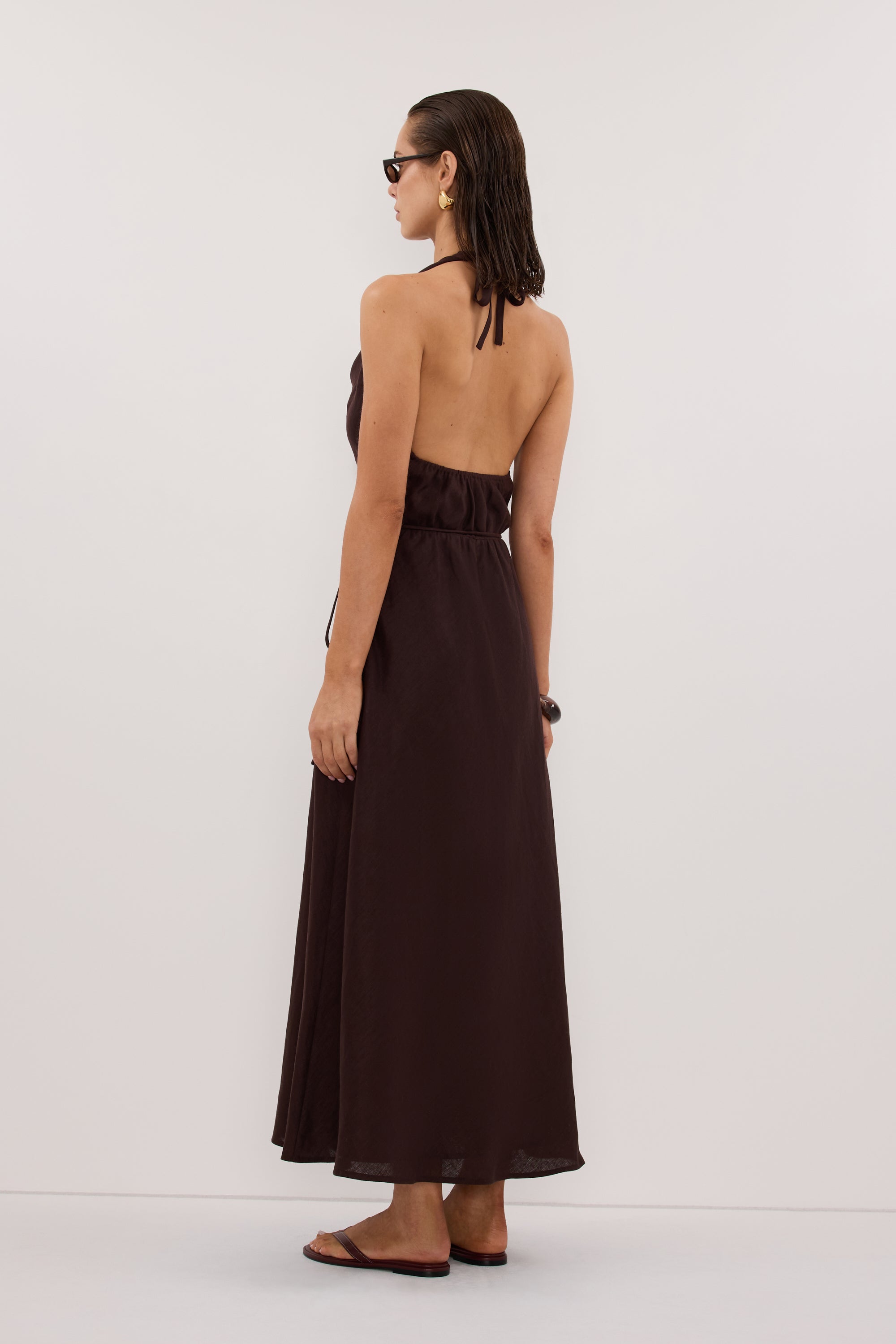 Haylee Sleeveless Linen Cowl Midi Dress in Burnt Choc By DISSH Haylee Sleeveless Linen Cowl Midi Dress in Burnt Choc By DISSH