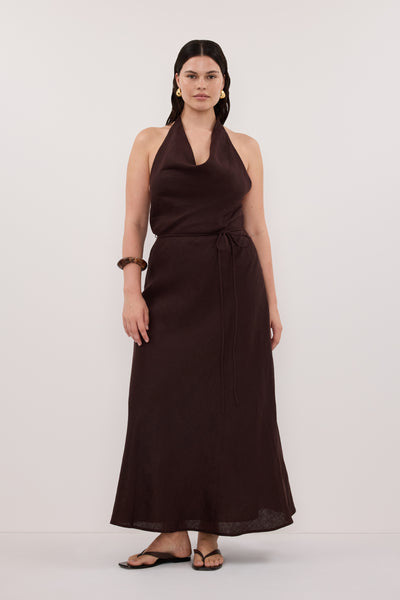 Jasmine wearing HAYLEE BURNT CHOC SLEEVELESS LINEN COWL MIDI DRESS