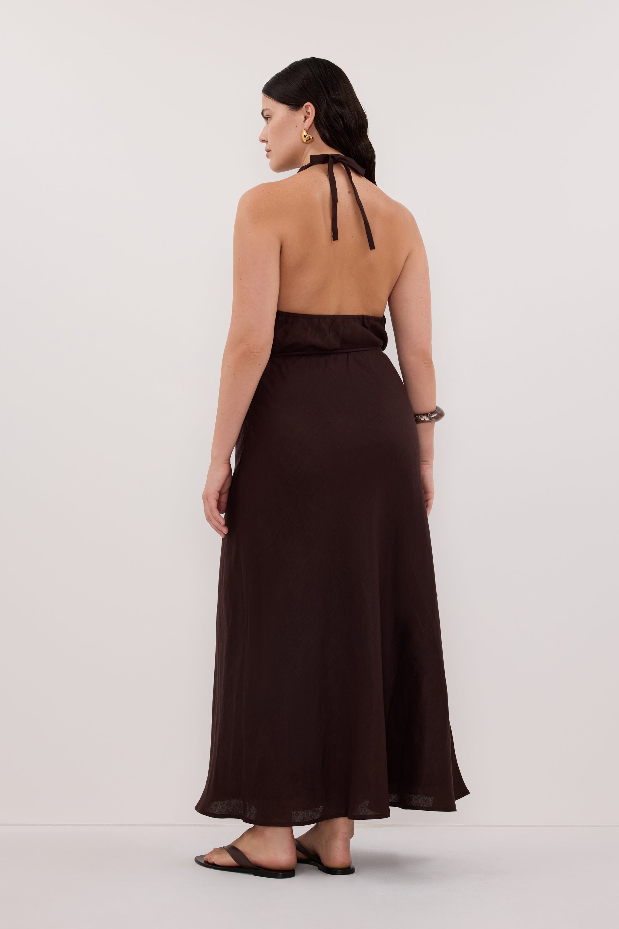 HAYLEE BURNT CHOC SLEEVELESS LINEN COWL MIDI DRESS