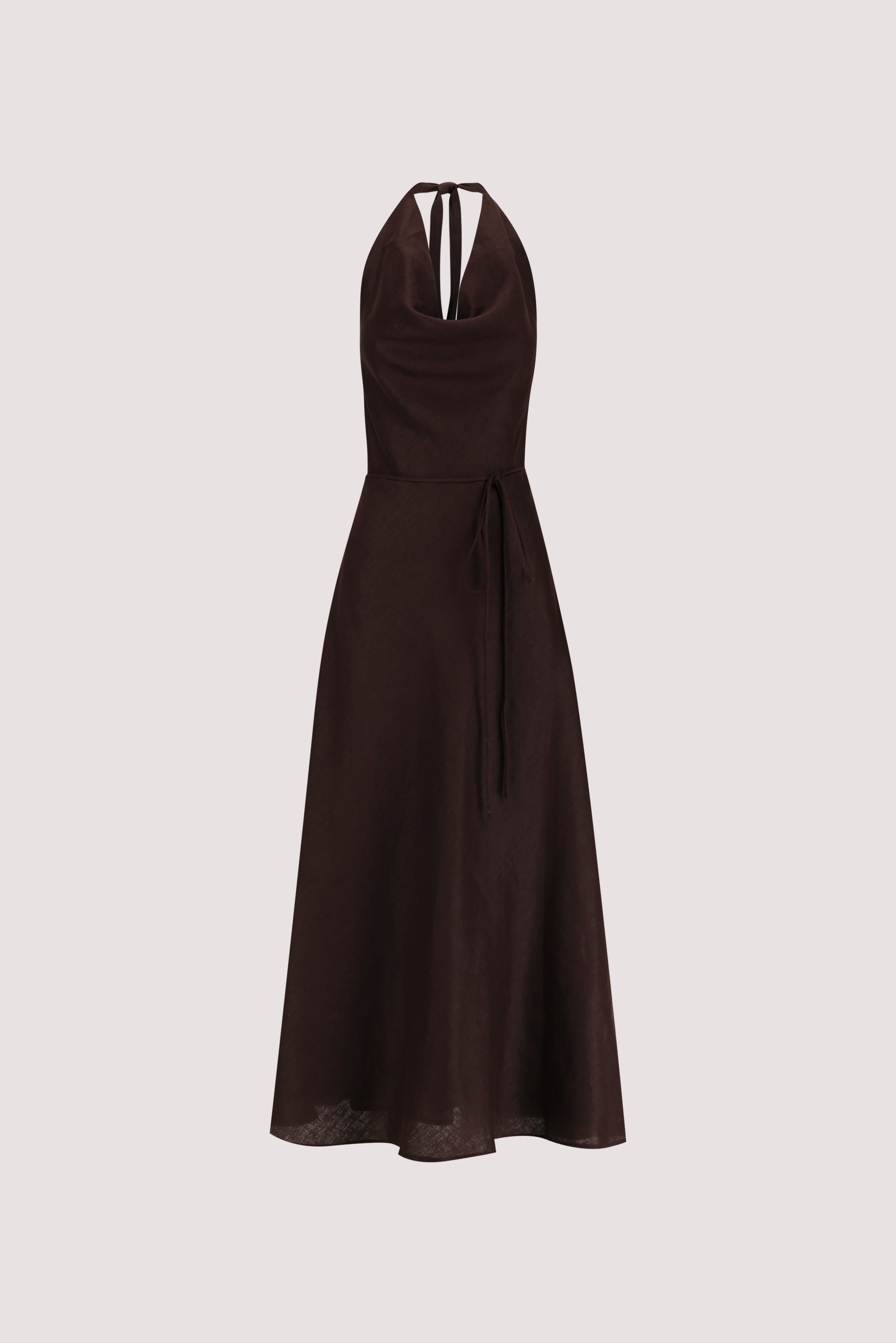 Haylee Sleeveless Linen Cowl Midi Dress in Burnt Choc By DISSH