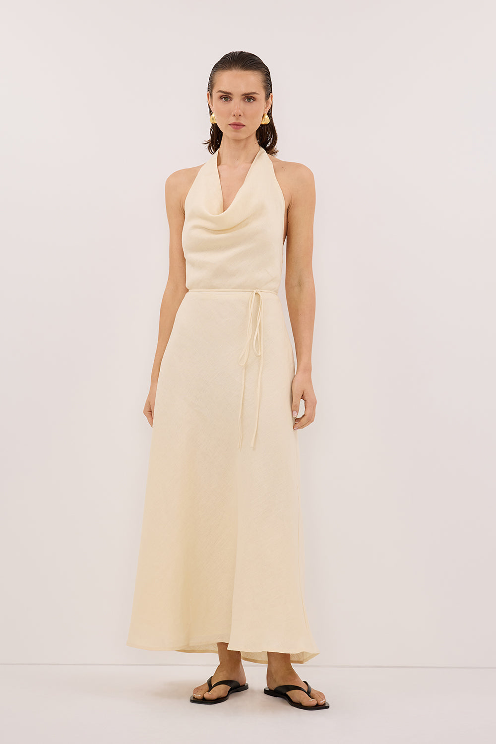 HAYLEE STRAW LINEN COWL DRESS – DISSH