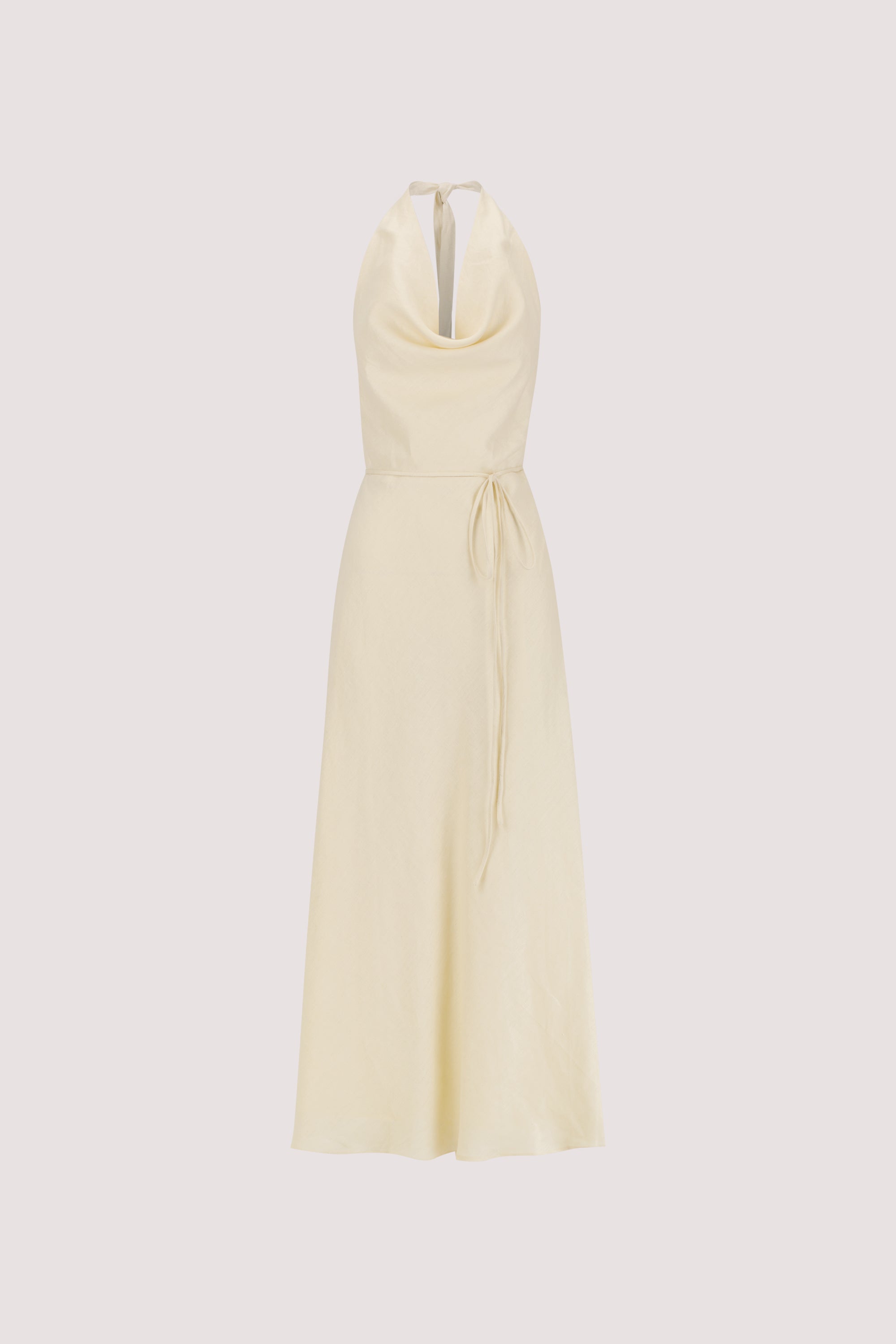 HAYLEE STRAW SLEEVELESS LINEN COWL MIDI DRESS