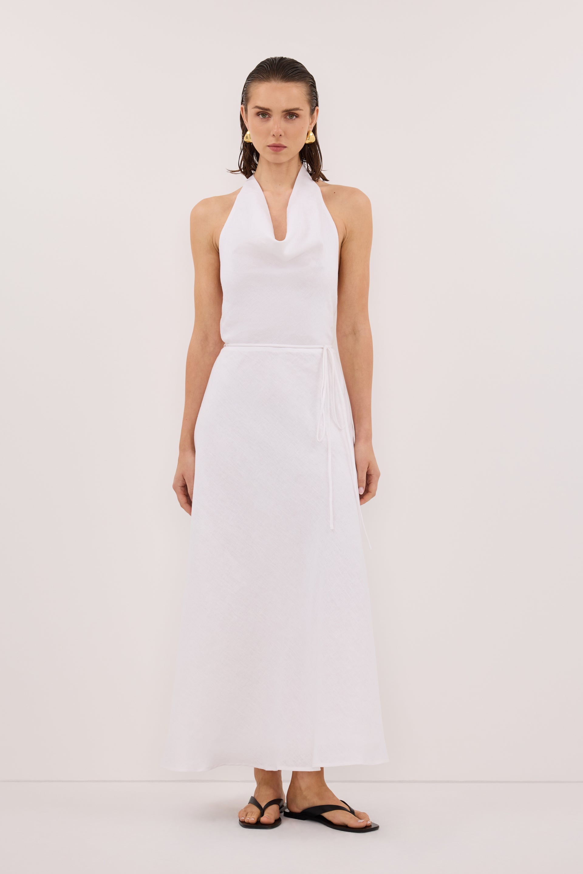 Haylee Sleeveless Linen Cowl Midi Dress in White By DISSH