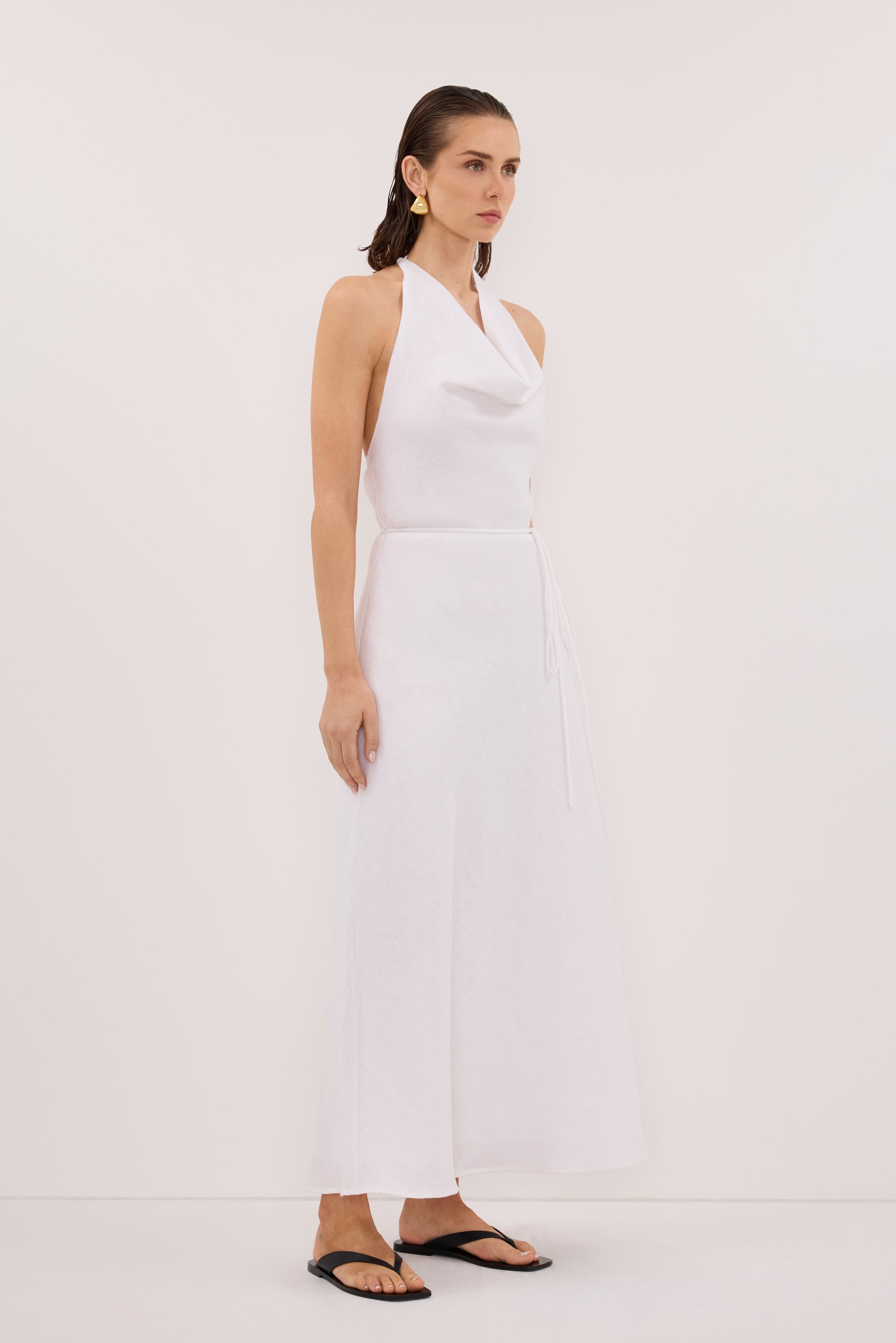 Haylee Sleeveless Linen Cowl Midi Dress in White By DISSH Haylee Sleeveless Linen Cowl Midi Dress in White By DISSH