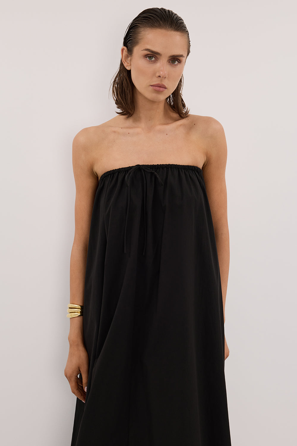 SOMMER BLACK STRAPLESS POPLIN MIDI DRESS