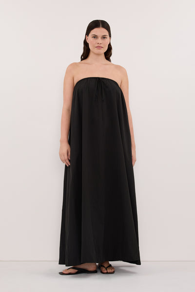 Jasmine wearing SOMMER BLACK STRAPLESS POPLIN MIDI DRESS