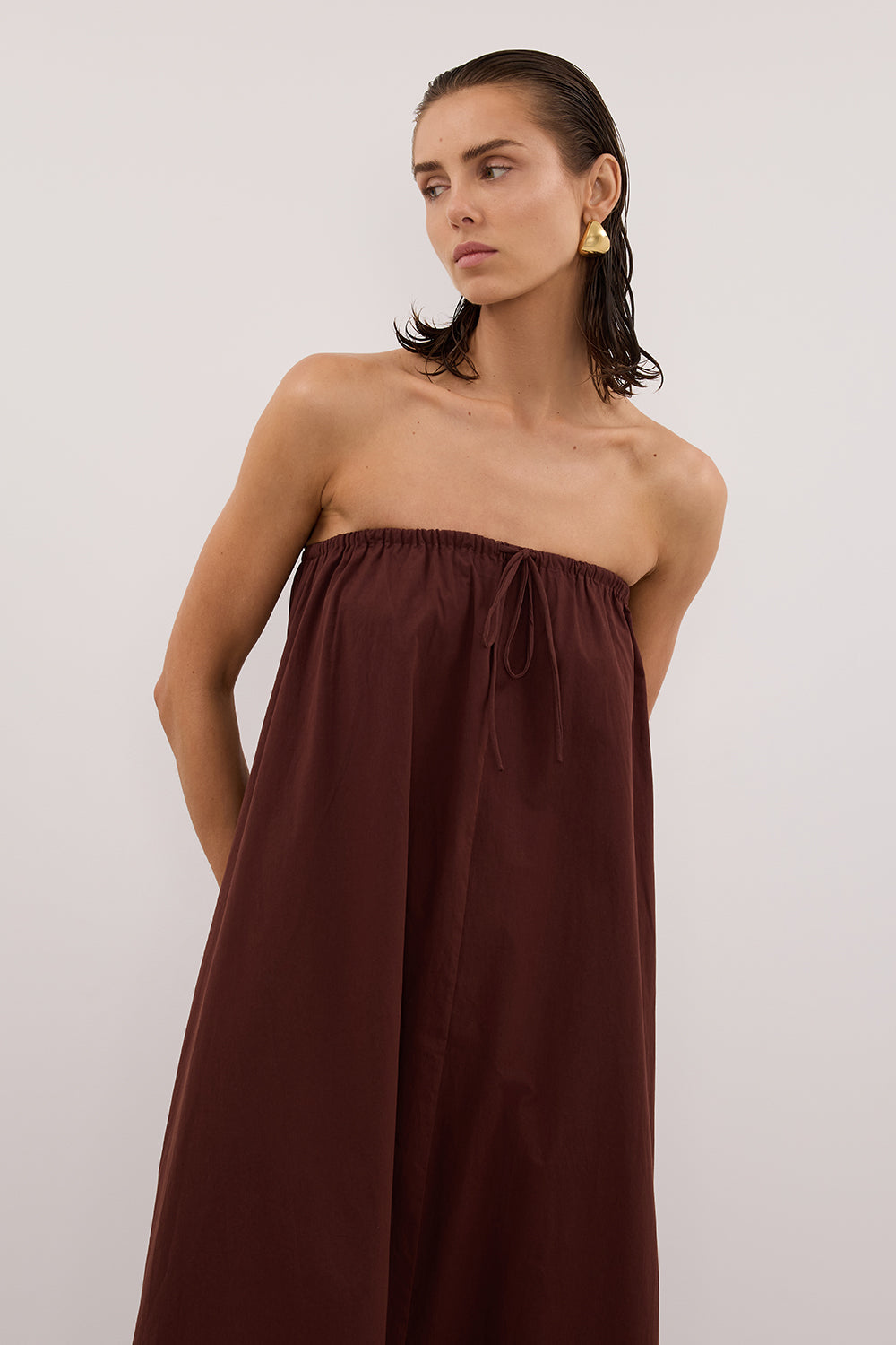 SOMMER CINNAMON STRAPLESS POPLIN MIDI DRESS