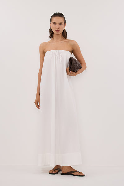 Stas wearing SOMMER WHITE STRAPLESS POPLIN MIDI DRESS