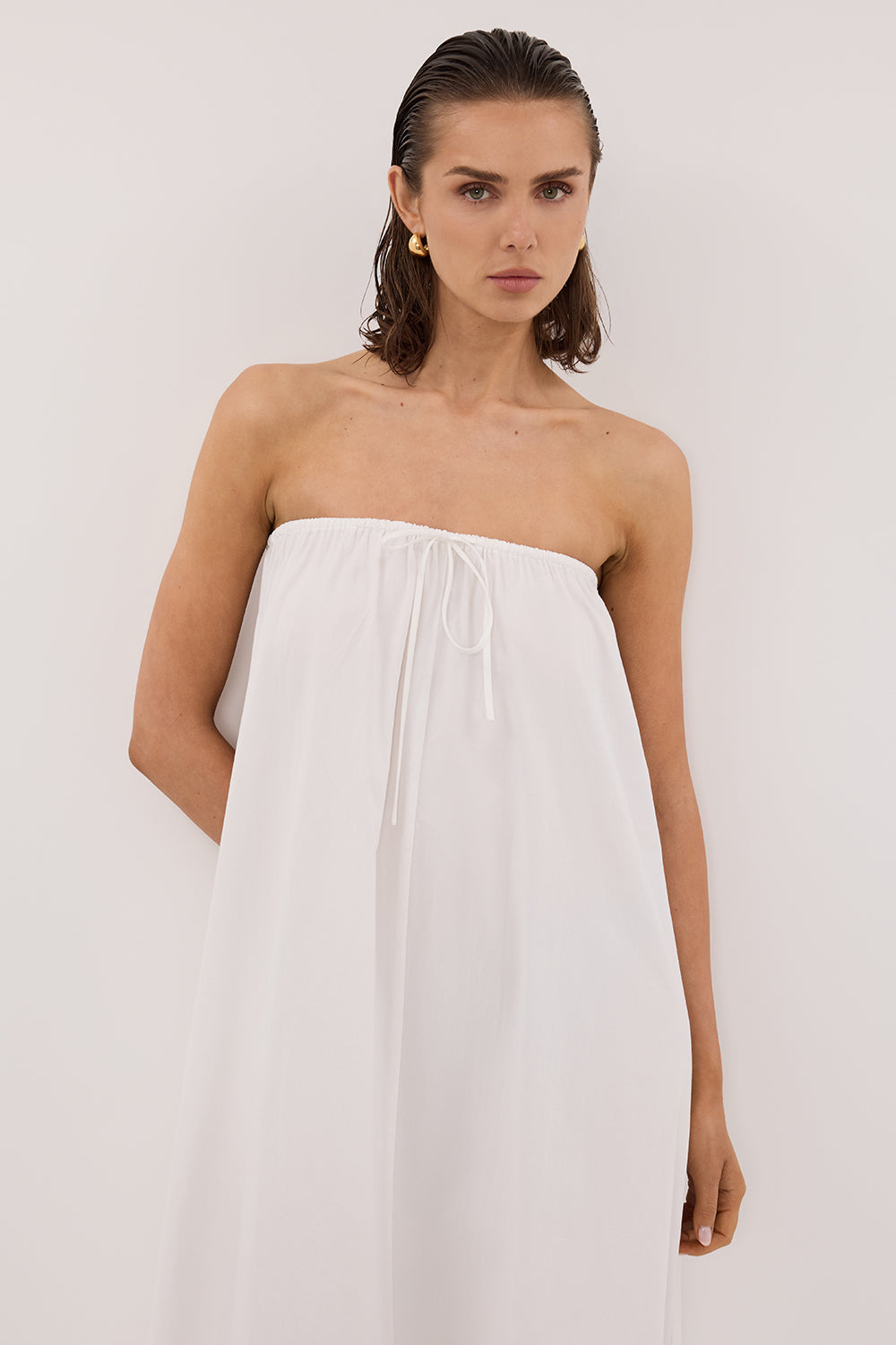 SOMMER WHITE STRAPLESS POPLIN MIDI DRESS
