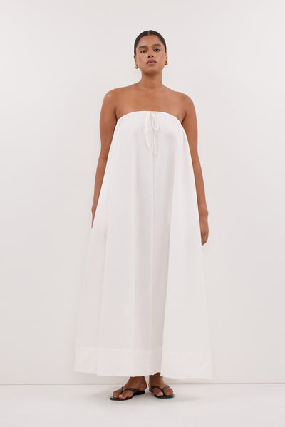 Amanda wearing SOMMER WHITE STRAPLESS POPLIN MIDI DRESS