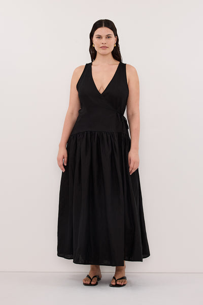 Ilio Sleeveless Linen Wrap Midi Dress in Black By DISSH Ilio Sleeveless Linen Wrap Midi Dress in Black By DISSH