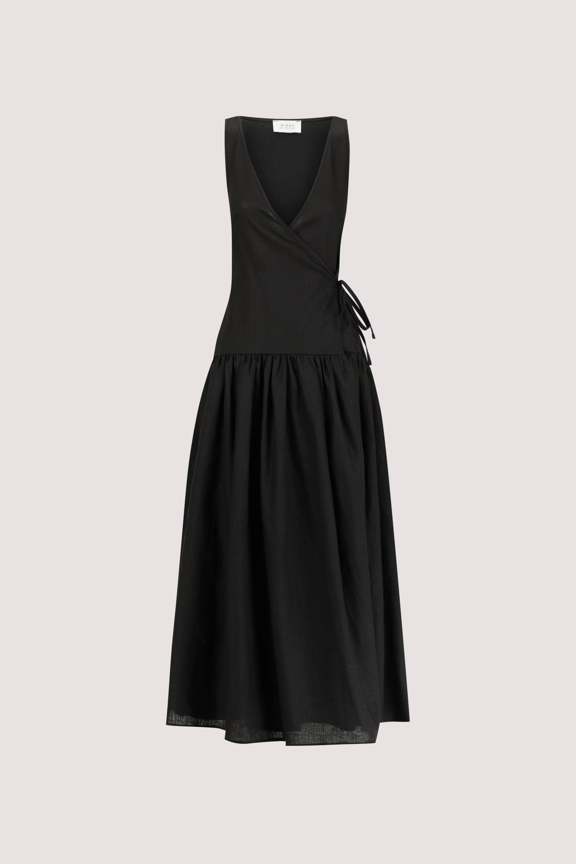 Ilio Sleeveless Linen Wrap Midi Dress in Black by Dissh