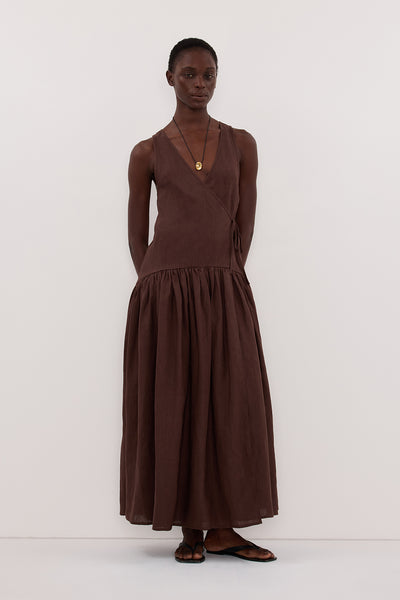 ILIO COCOA LINEN WRAP MIDI DRESS – DISSH