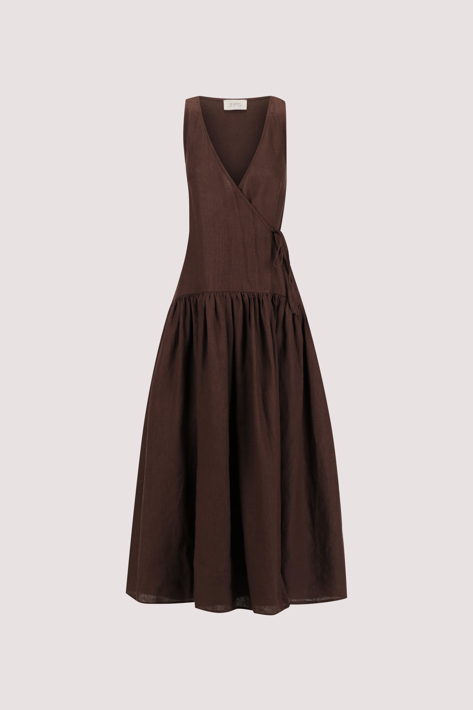 Ilio Sleeveless Linen Wrap Midi Dress in Cocoa By DISSH