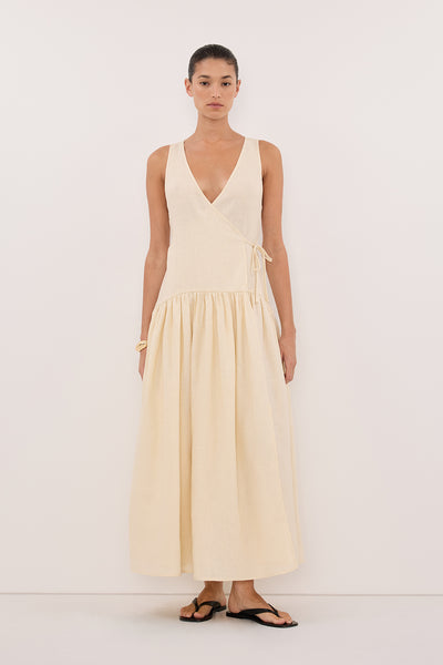 Aude wearing ILIO STRAW SLEEVELESS LINEN WRAP MIDI DRESS