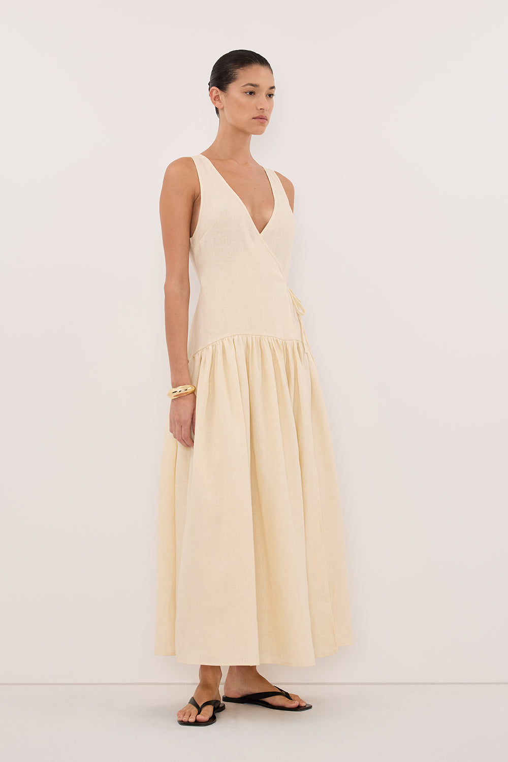 ILIO STRAW LINEN WRAP MIDI DRESS DISSH ILIO STRAW LINEN WRAP MIDI DRESS DISSH