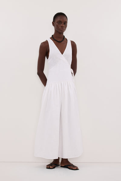 Ilio Sleeveless Linen Wrap Midi Dress in White By DISSH Ilio Sleeveless Linen Wrap Midi Dress in White By DISSH