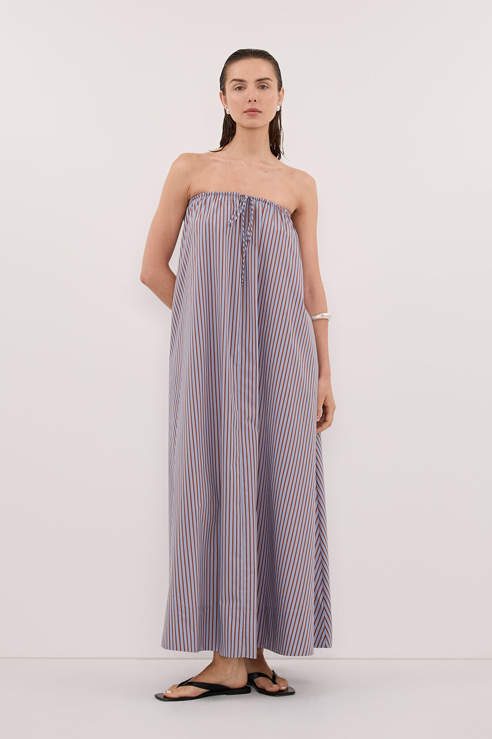 HARRI STRIPE STRAPLESS MIDI DRESS