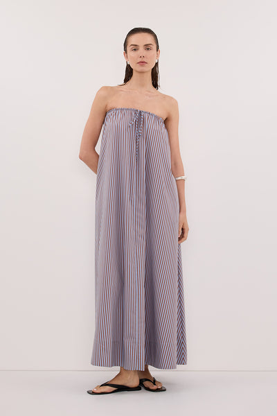 Zoe wearing HARRI STRIPE STRAPLESS MIDI DRESS