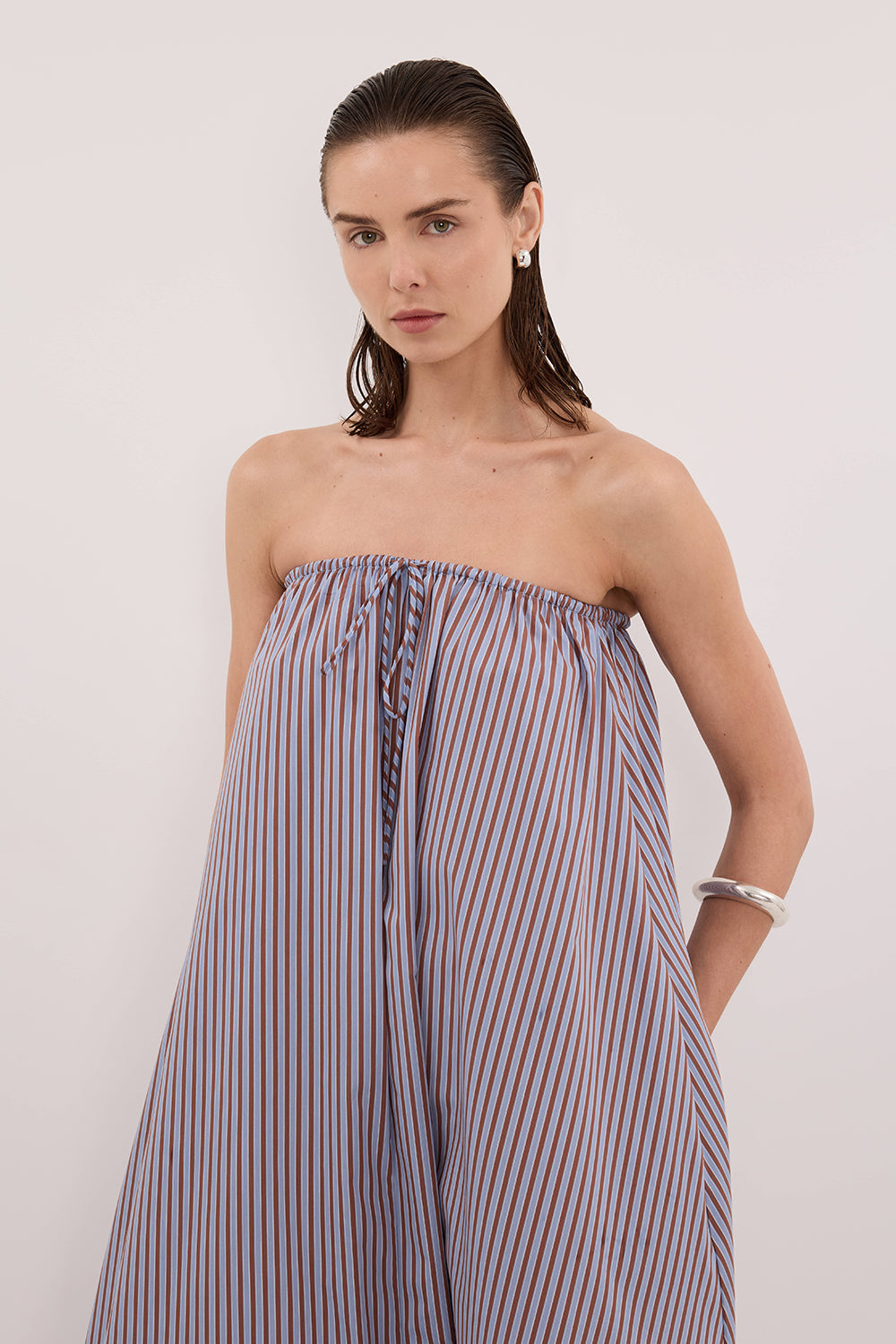 HARRI STRIPE STRAPLESS MIDI DRESS