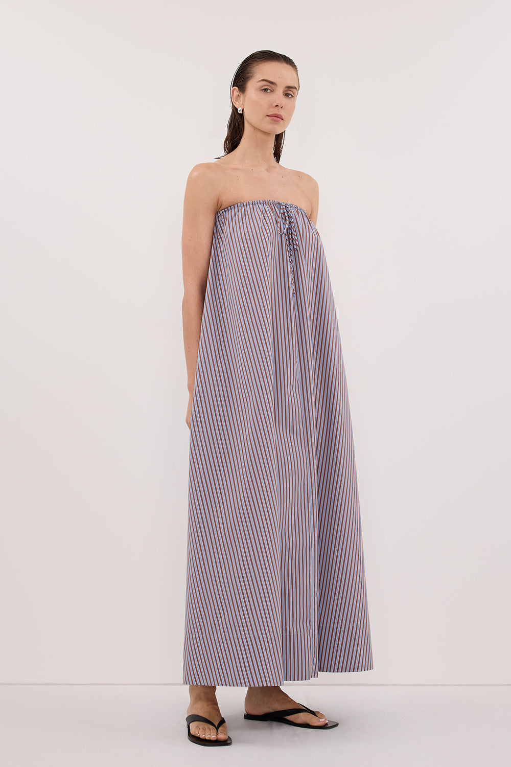 HARRI STRIPE STRAPLESS MIDI DRESS