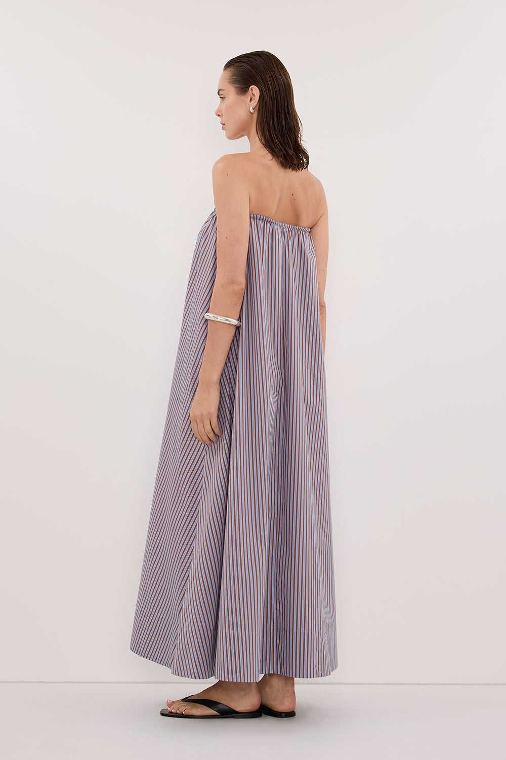 HARRI STRIPE STRAPLESS MIDI DRESS