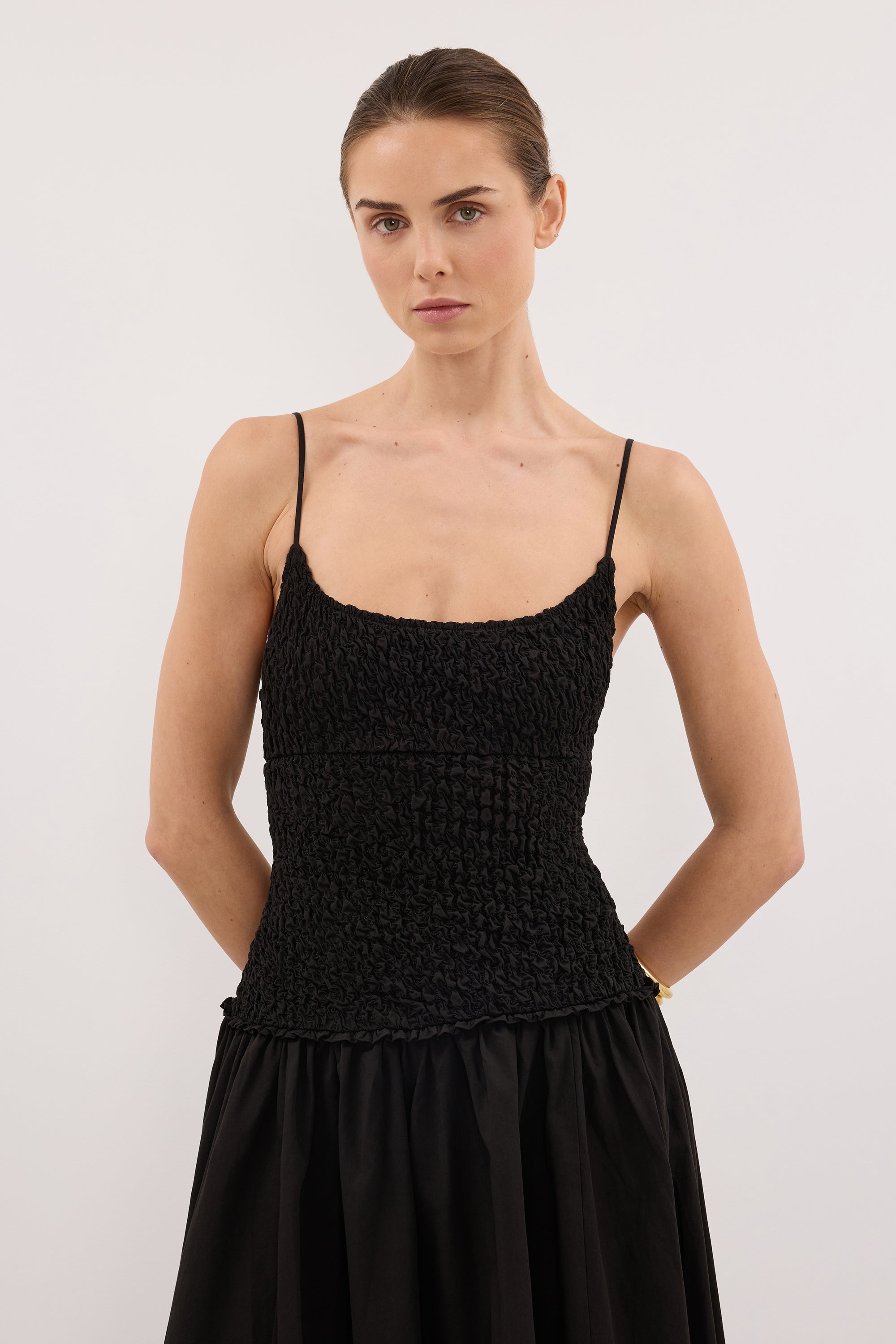 drop waist dress dissh Meg Sleeveless Knit Midi Dress in Off White By DISSH