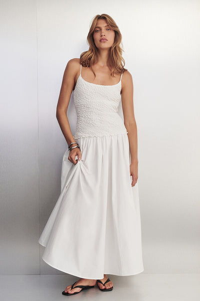 Yulia wearing IZAIAH WHITE COTTON MIDI DRESS
