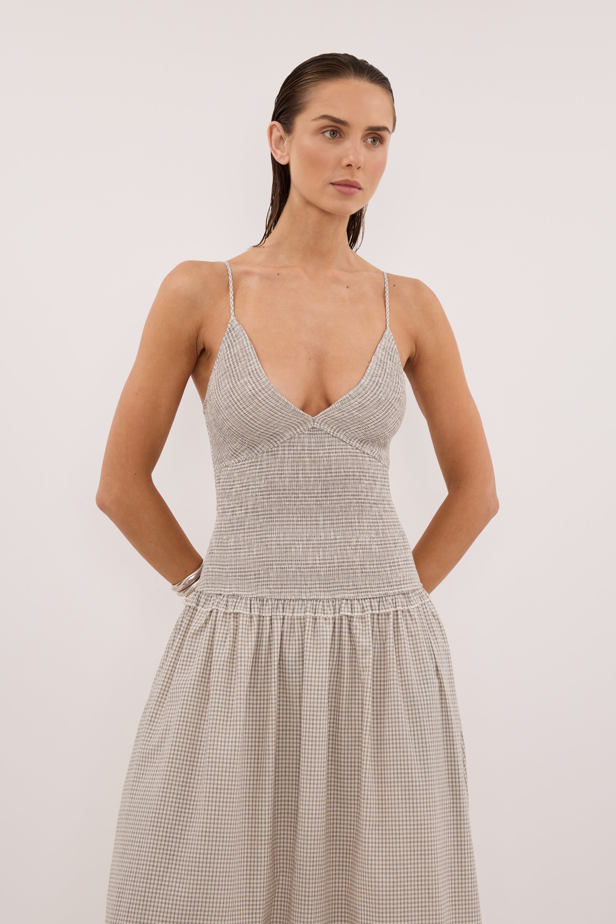 LILITH CREAM CHECK MIDI DRESS – DISSH