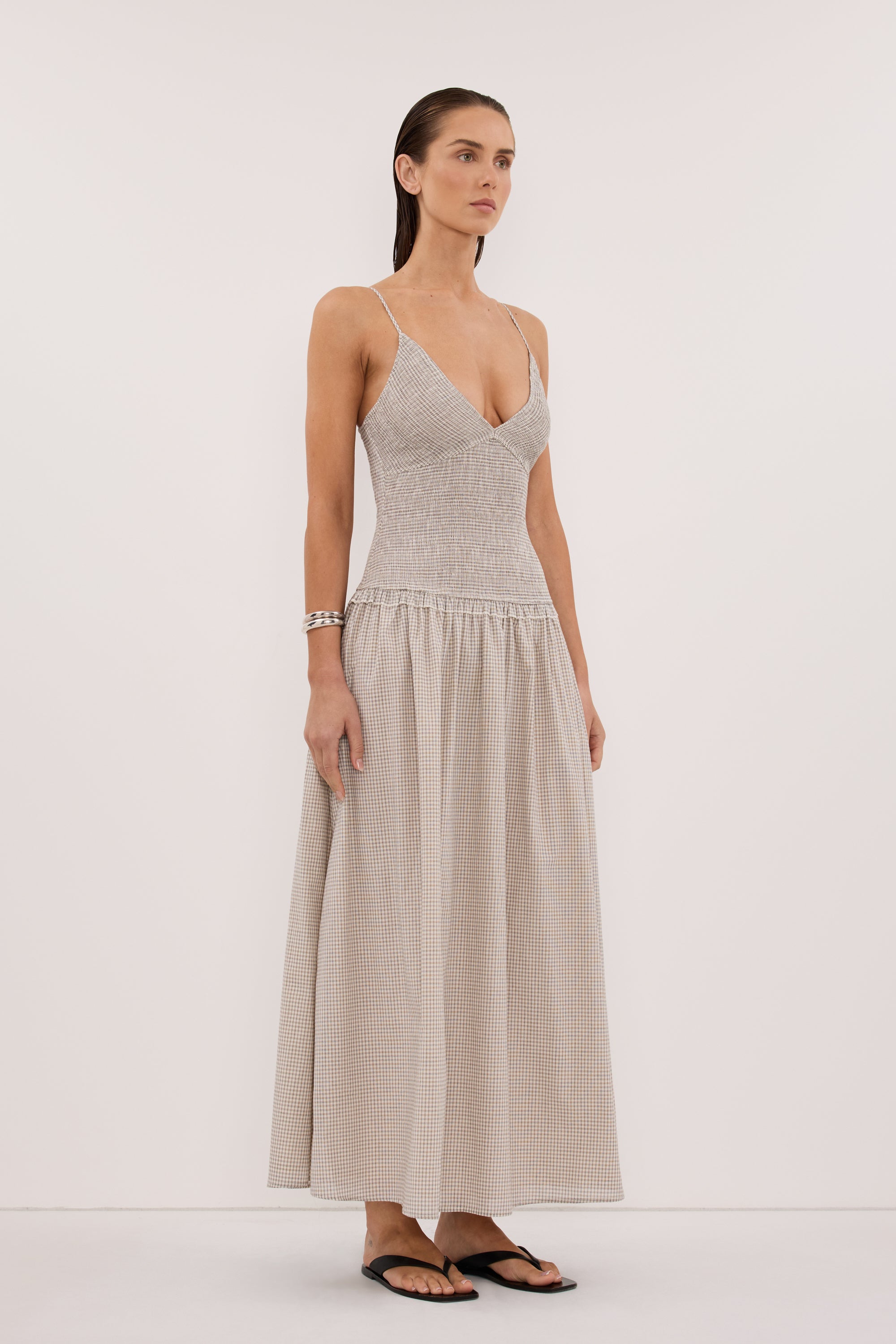 LILITH CREAM CHECK MIDI DRESS DISSH LILITH CREAM CHECK MIDI DRESS DISSH