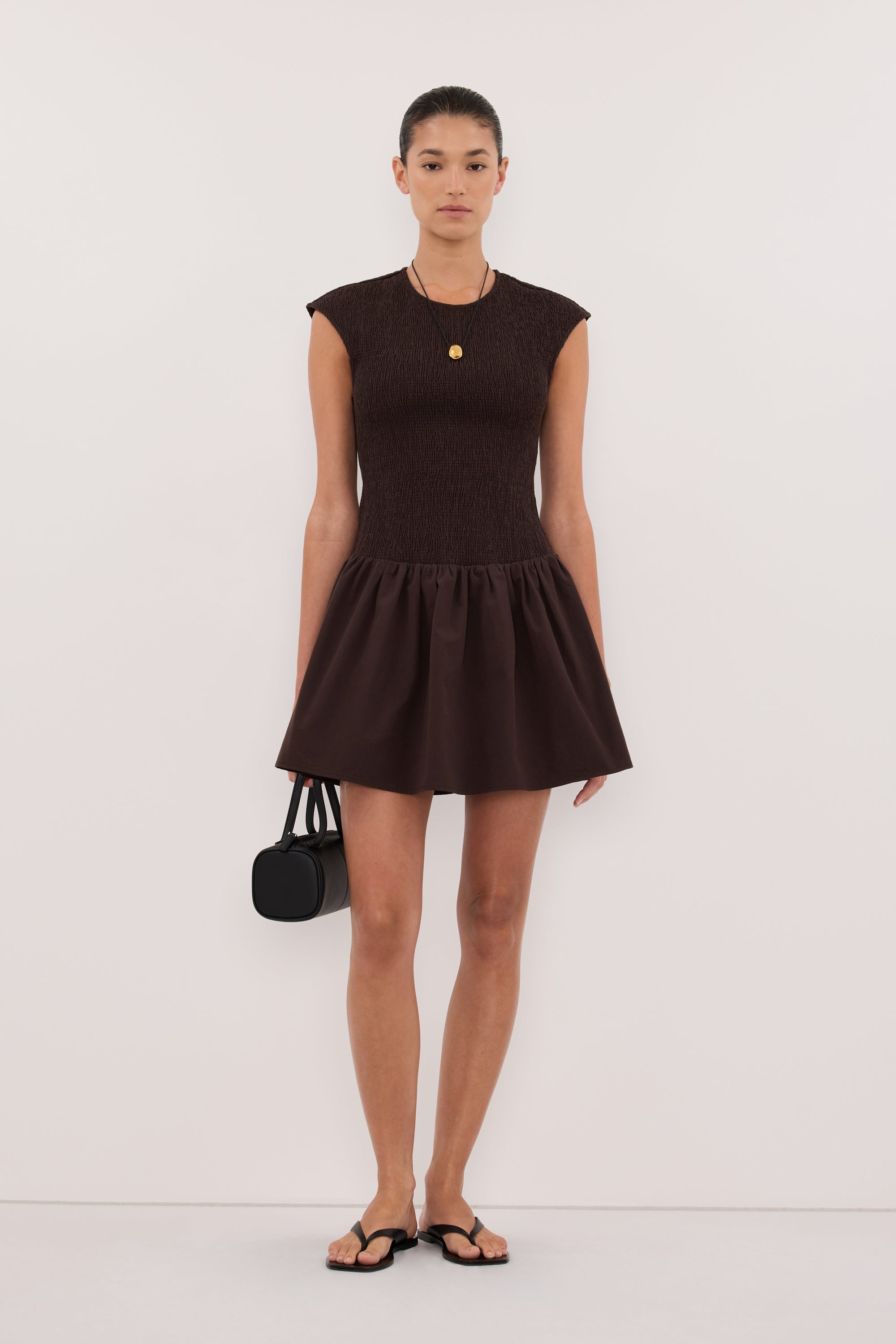 RUBI BURNT CHOC COTTON MINI DRESS