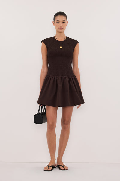 Aude wearing RUBI BURNT CHOC COTTON MINI DRESS