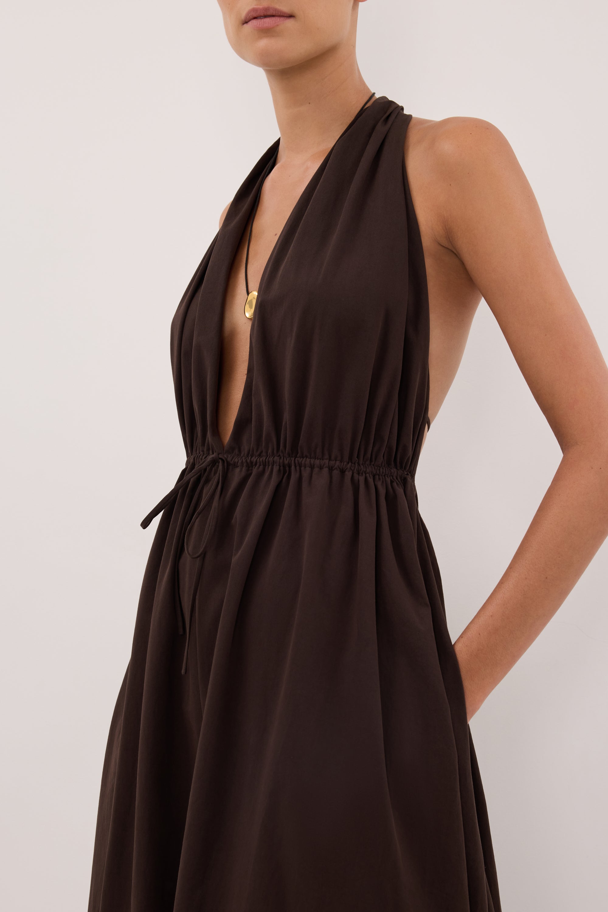 TAMMY BURNT CHOC SLEEVELESS COTTON MIDI DRESS