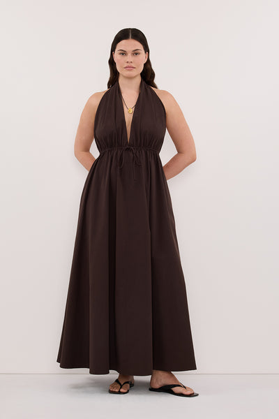 Jasmine wearing TAMMY BURNT CHOC SLEEVELESS COTTON MIDI DRESS
