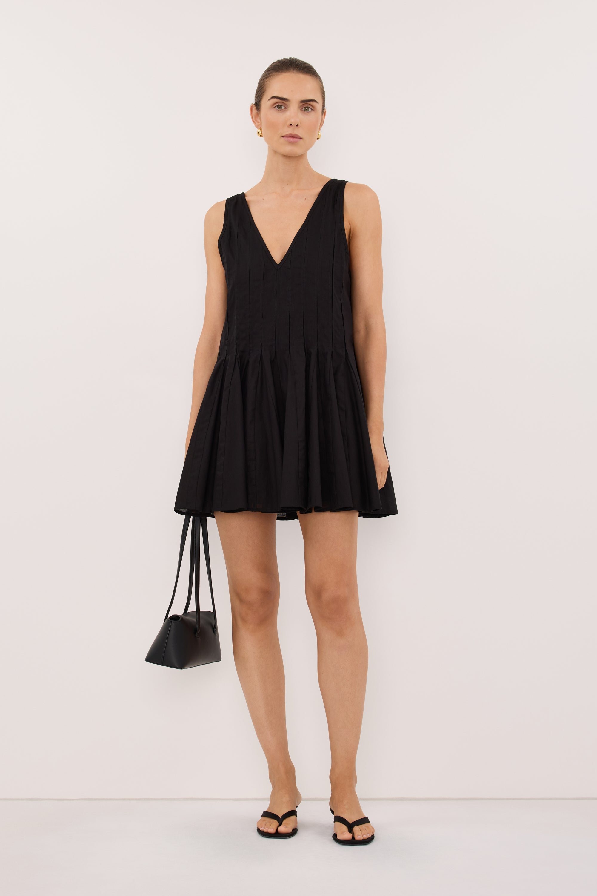 PIXIE BLACK LINEN MINI GODET DRESS